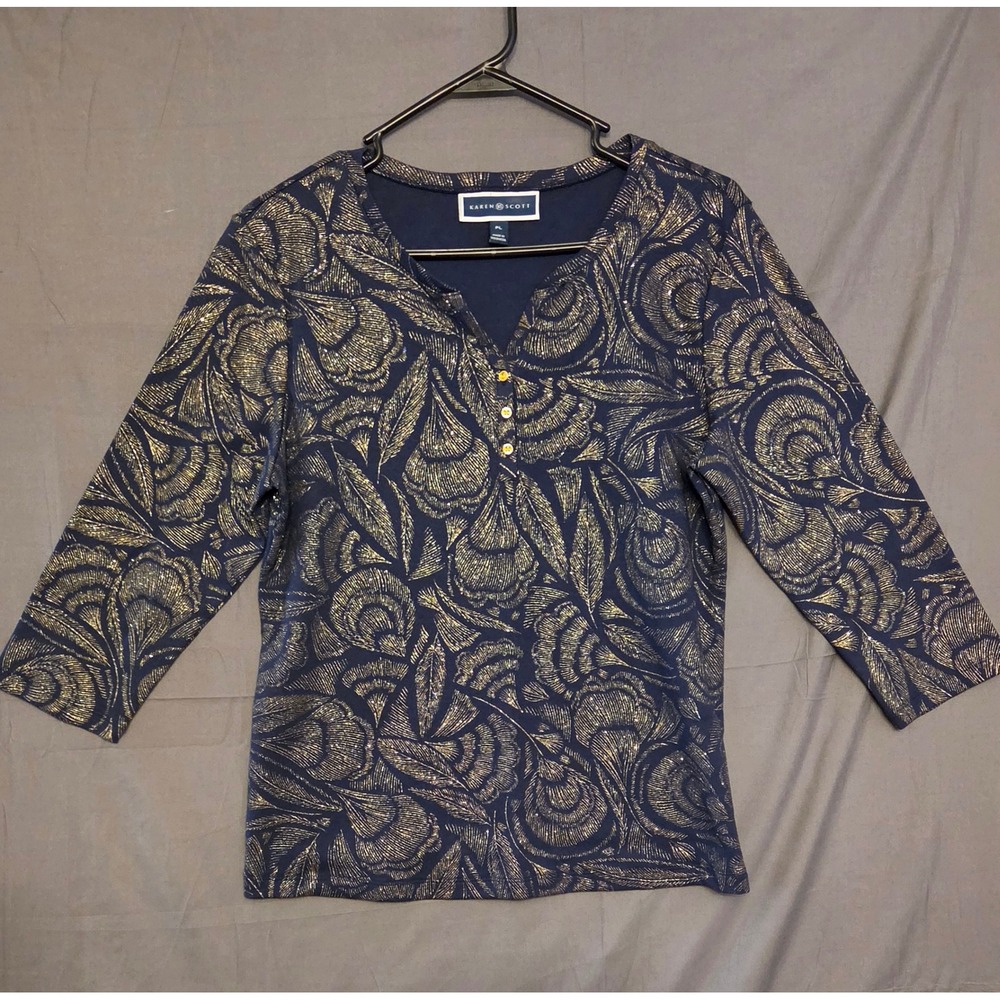Karen Scott Metallic Leaf Print Henley Top Women's Size PL Blue Gold